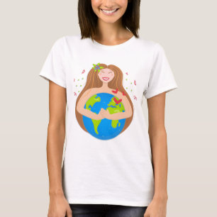 Vrouw knuffelt planeet Aarde T-shirt