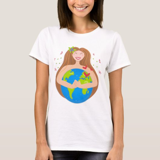 Vrouw knuffelt planeet Aarde T-shirt (Voorkant)