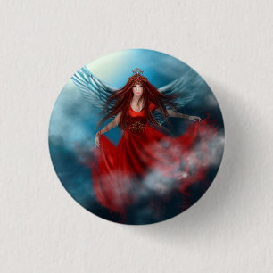 Vrouw koningin met vleugels in rode jurk in wolken ronde button 3,2 cm