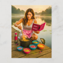 Vrouw kookt glitteraas voor vis op het dok