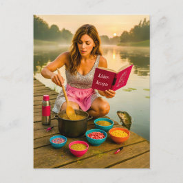 Vrouw kookt glitteraas voor vis op het dok feestdagenkaart