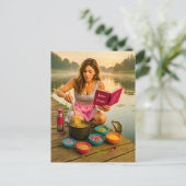 Vrouw kookt glitteraas voor vis op het dok feestdagenkaart (Staand voorkant)