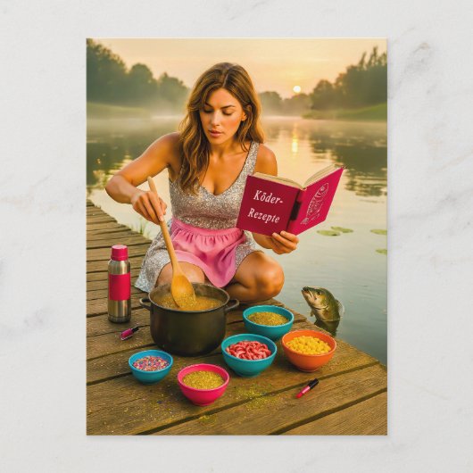 Vrouw kookt glitteraas voor vis op het dok feestdagenkaart (Voorkant)