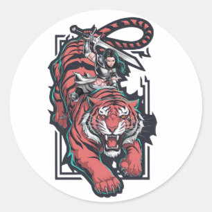 Vrouw krijger op een enorme tijger ronde sticker