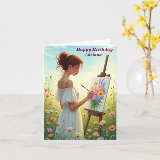 Vrouw Kunstenaar Schilderen Bloemen In Een Veld Ve Kaart (Gele Bloem)