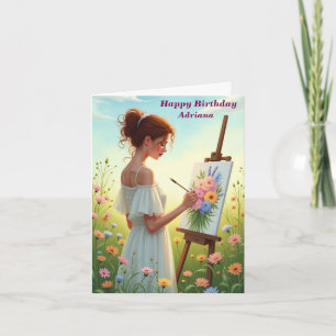 Vrouw Kunstenaar Schilderen Bloemen In Een Veld Ve Kaart