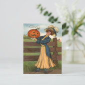Vrouw lachend Jack O' Lantaarn Pompoen Boerderij Briefkaart (Staand voorkant)