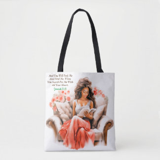 Vrouw leest Bijbelvers wit Tote Bag
