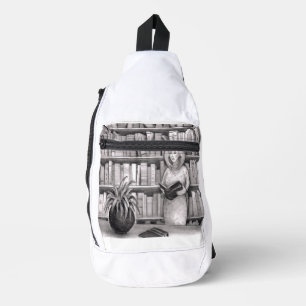Vrouw leest boek in bibliotheek voor boekenkast sling bag