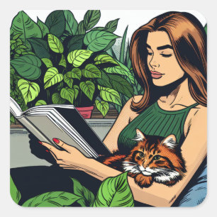 Vrouw leest boek met kat op schoot vierkante sticker