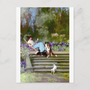 Vrouw leest colliehonden briefkaart