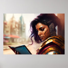 Vrouw Leest in een stad van de toekomst Poster
