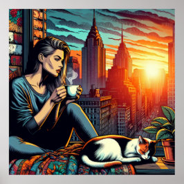 Vrouw leest in stadvenster met kat en koffie poster