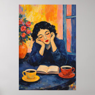 Vrouw leest koffieposter, vintage impressionist poster