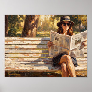 Vrouw leest krant op parkbank Schilderij Poster