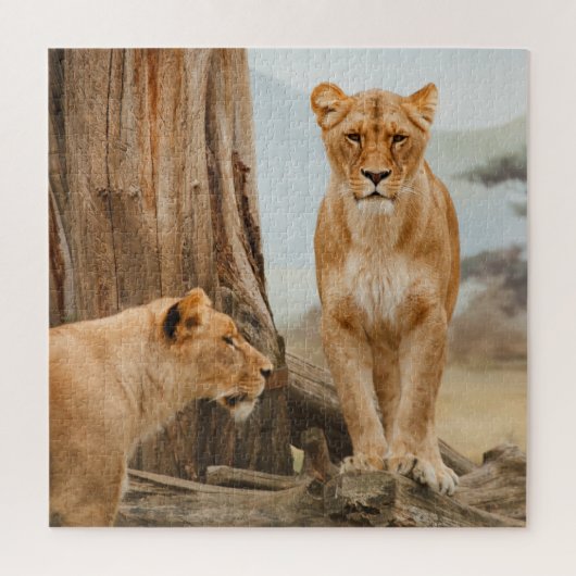 Vrouw leeuwen die bij dode bomen zitten legpuzzel (Verticaal)