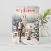 Vrouw Letter Carrier Merry Christmas Church Bedankkaart (Staand voorkant)