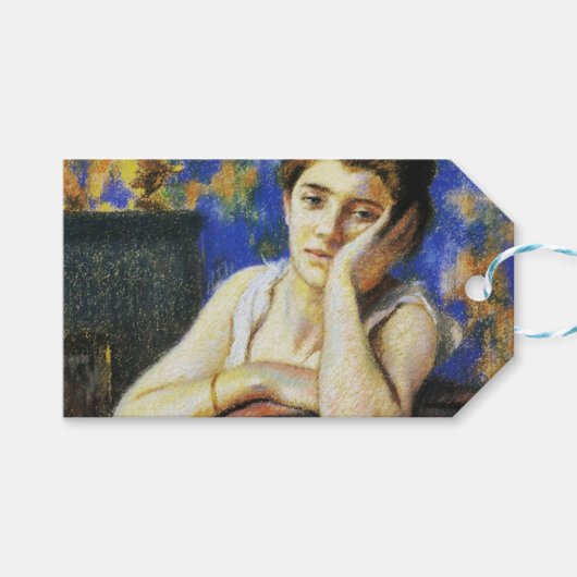 Vrouw leunend op een stoel cadeaulabel (Voorkant (Horizontaal))