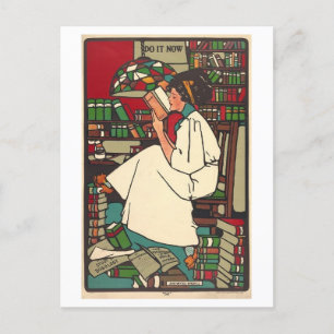 Vrouw lezen Art Deco Briefkaart