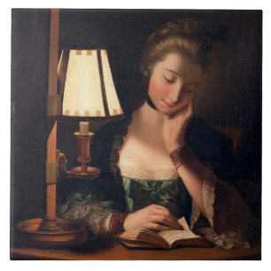 Vrouw: Lezen door een Papierbel Shade, 1766 (olie Tegeltje