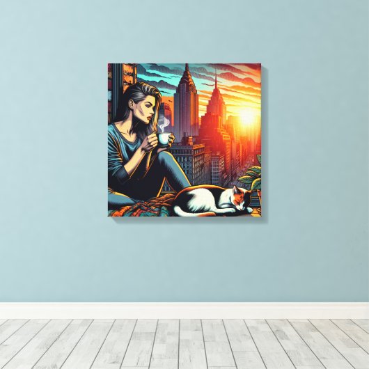 Vrouw Lezen In Stadsvenster Met Kat En Koffie Canvas Afdruk (Insitu (Houten vloer))