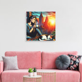 Vrouw Lezen In Stadsvenster Met Kat En Koffie Canvas Afdruk (Insitu (Woonkamer))