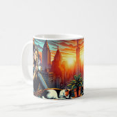 Vrouw Lezen In Stadsvenster Met Kat En Koffie Koffiemok (Voorkant links)