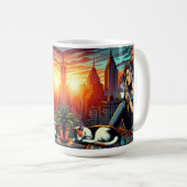 Vrouw Lezen In Stadsvenster Met Kat En Koffie Koffiemok (Voorkant rechts)