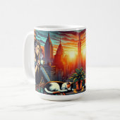 Vrouw Lezen In Stadsvenster Met Kat En Koffie Koffiemok (Voorkant links)