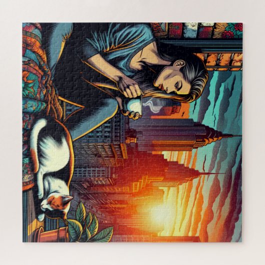 Vrouw Lezen In Stadsvenster Met Kat En Koffie Legpuzzel (Horizontaal)