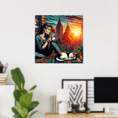 Vrouw Lezen In Stadsvenster Met Kat En Koffie Poster (Thuiskantoor)