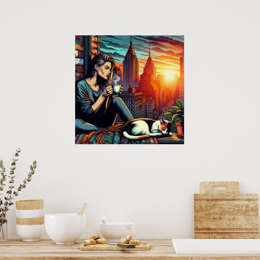 Vrouw Lezen In Stadsvenster Met Kat En Koffie Poster (Keuken)