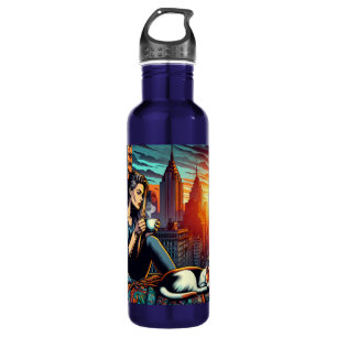 Vrouw Lezen In Stadsvenster Met Kat En Koffie Waterfles