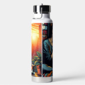 Vrouw Lezen In Stadsvenster Met Kat En Koffie Waterfles (Rechts)