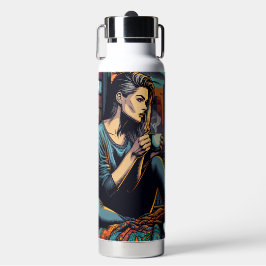 Vrouw Lezen In Stadsvenster Met Kat En Koffie Waterfles