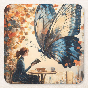 Vrouw Lezen met Giant Butterfly Abstracte Kunst Kartonnen Onderzetters