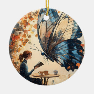 Vrouw Lezen met Giant Butterfly Abstracte Kunst Keramisch Ornament