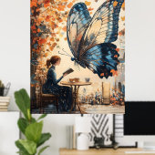 Vrouw Lezen met Giant Butterfly Abstracte Kunst Poster (Thuiskantoor)