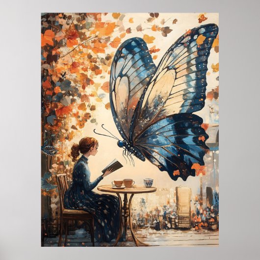 Vrouw Lezen met Giant Butterfly Abstracte Kunst Poster (Voorkant)