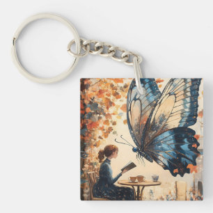 Vrouw Lezen met Giant Butterfly Abstracte Kunst Sleutelhanger