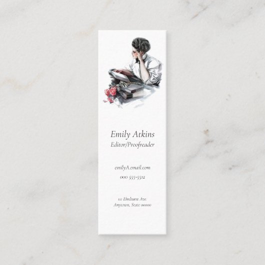 Vrouw lezen mini visitekaartje (Voorkant)
