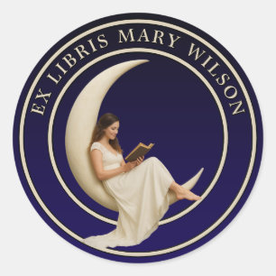 Vrouw Lezen Op Halve Maan Ex Libris Sjabloon Ronde Sticker