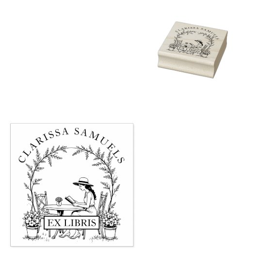 Vrouw lezen Tuintafelbloemen Pet Ex Libris Rubberstempel (Gestempeld)