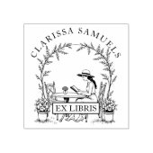 Vrouw lezen Tuintafelbloemen Pet Ex Libris Rubberstempel (Afrduk)