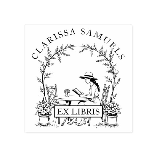 Vrouw lezen Tuintafelbloemen Pet Ex Libris Rubberstempel (Afrduk)
