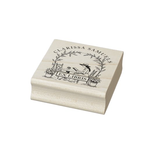 Vrouw lezen Tuintafelbloemen Pet Ex Libris Rubberstempel (Stempel)