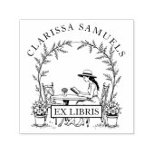 Vrouw lezen Tuintafelbloemen Pet Ex Libris Zelfinktende Stempel (Design)