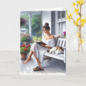  Vrouw Lezen van een Boek voor Verjaardag Kaart (Gele Bloem)