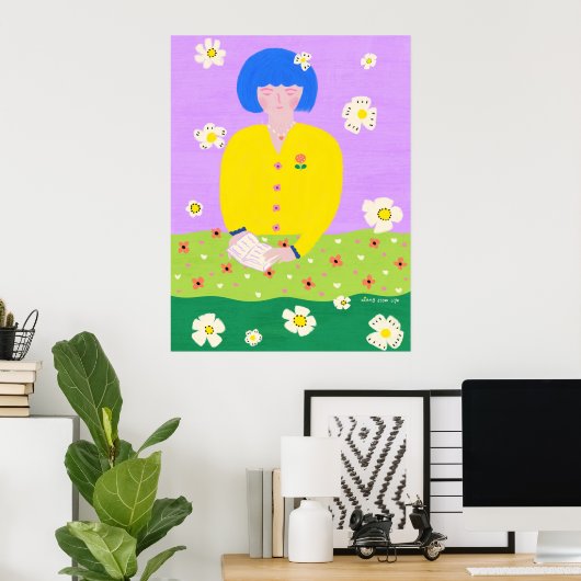 Vrouw lezend in de tuin poster (Thuiskantoor)