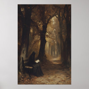 Vrouw lezend in een somber herfstbos kunst afdrukb poster